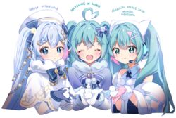  3girls :3 ahoge animal aqua_eyes aqua_hair arami_o_8 asymmetrical_gloves bad_id bad_twitter_id beret bird blue_bow blue_capelet blue_eyes blue_gloves blue_hair blush bow bowtie braid braided_bangs capelet character_name closed_eyes commentary cropped_torso detached_sleeves expressionless facing_viewer fur-trimmed_capelet fur-trimmed_sleeves fur_trim girl_sandwich gloves gold_trim hair_ornament hairbow hairclip hat hatsune_miku headset heart heart_ahoge holding holding_animal korean_commentary light_blue_hair light_bulb_hair_ornament long_hair looking_at_viewer magical_mirai_(vocaloid) magical_mirai_miku magical_mirai_miku_(2020_winter) mismatched_gloves mittens multiple_girls multiple_persona musical_note musical_note_hair_ornament open_mouth pink_gloves sandwiched smile snow_sculpture snowflake_print string_of_light_bulbs twintails upper_body very_long_hair vocaloid white_background white_capelet white_headwear white_mittens wide_sleeves yuki_miku yuki_miku_(2021) 