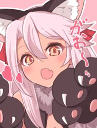  animal_ear_fluff animal_ears animal_hands bad_id bad_pixiv_id bare_shoulders black_leotard blush breasts cat_ears cat_tail chawan_(yultutari) chloe_von_einzbern claws cosplay dark-skinned_female dark_skin fake_animal_ears fate/kaleid_liner_prisma_illya fate_(series) female fur_collar gloves hat hat_ribbon heart highres illyasviel_von_einzbern illyasviel_von_einzbern_(beast_style) illyasviel_von_einzbern_(beast_style)_(cosplay) illyasviel_von_einzbern_(cosplay) leotard long_hair looking_at_viewer oerba_yun_fang open_mouth orange_eyes paw_gloves pink_hair red_ribbon ribbon small_breasts solo tail 