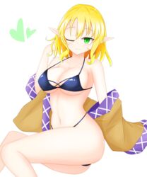  bikini black_bikini blonde_hair breasts brown_jacket female green_eyes heart highres jacket medium_breasts mizuhashi_parsee multicolored_clothes multicolored_jacket navel one_eye_closed pointy_ears short_hair shunki simple_background solo swimsuit thick_thighs thighs touhou unworn_clothes white_background 