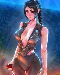  baldur&#039;s_gate baldur&#039;s_gate_3 black_hair black_pants black_shirt breasts center_opening dungeons_&amp;_dragons female green_eyes highres large_breasts lips long_braid long_hair looking_at_viewer mcdobo multi-tied_hair no_bra pants parted_bangs pointy_ears scar scar_on_face shadowheart_(baldur&#039;s_gate) shirt sleeveless sleeveless_shirt solo thigh_gap 