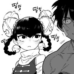  1boy afterimage bandage_on_face bandages bare_shoulders bell bell_earrings blush braid breasts china_dress chinese_clothes dark_skin dress earrings female greyscale hair_bell hair_ornament highres jewelry korean_text lin_lin_(one-punch_man) monochrome motion_blur motion_lines one-punch_man scarf small_breasts ssambatea suiryuu_(one-punch_man) sweatdrop twin_braids v-bangs 