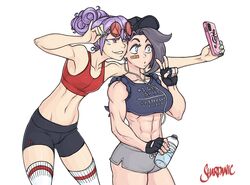  2girls abs alex_moon_(shardanic) asymmetrical_hair bandaid bandaid_on_cheek bandaid_on_face baseball_cap bike_shorts blue_eyes blue_nails bottle boxer-chan breasts character_request clothes_writing commentary earrings english_commentary eyewear_lift fingerless_gloves fingernails flat_chest gloves grey_hair gym_shorts hair_bun hat holding holding_phone jewelry large_breasts midriff multiple_girls muscular muscular_female nail_polish navel obliques outstretched_arm pale_skin phone purple_hair raised_eyebrows red-tinted_eyewear red_sports_bra rimless_eyewear round_eyewear selfie shardanic shorts side-tie_shirt single_hair_bun sleeveless sleeves_rolled_up sports_bra sunglasses thighhighs tinted_eyewear toned undercut updo v water_bottle white_background white_legwear 