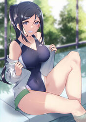  :d absurdres bare_legs bare_shoulders black_hair black_one-piece_swimsuit blurry blurry_background blush breasts cleavage collarbone commentary_request competition_swimsuit depth_of_field female grin highres jacket knee_up large_breasts long_sleeves love_live! love_live!_sunshine!! matsuura_kanan off_shoulder one-piece_swimsuit open_clothes open_jacket open_mouth parted_bangs ponytail poolside purple_eyes sidelocks sitting smile soaking_feet solo swimsuit swimsuit_under_clothes teeth undressing water white_jacket yamaori_(yamaorimon) 