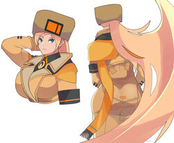  ass blonde_hair blue_eyes coat djames female fur_hat guilty_gear guilty_gear_strive hat highres long_coat long_hair millia_rage portrait scarf ushanka 