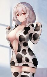  amano_kusatsu animal_print azur_lane breasts closed_mouth collarbone commentary cow_print cowboy_shot expressionless female hair_between_eyes hands_up highres hood hood_down hoodie large_breasts long_sleeves looking_at_viewer naked_hoodie navel no_bra open_clothes open_hoodie red_eyes sirius_(azur_lane) sleeves_past_wrists solo thighhighs thighs white_hair zipper_pull_tab 