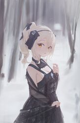  aton_(user_kufr5245) black_dress black_headband blonde_hair breasts cleavage dress female forest headband high_ponytail highres long_hair looking_at_viewer nature original parted_lips see-through see-through_sleeves snow solo yellow_eyes 