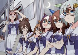  6+girls absurdres animal_ears blouse blush bow bowtie brown_hair collarbone commentary crescent_moon crossed_arms drooling el_condor_pasa_(umamusume) eye_mask gold_ship_(umamusume) golden_generation_(umamusume) grass_wonder_(umamusume) green_hair hair_between_eyes hair_ornament hand_on_own_face highres horse_ears horse_girl horseshoe_ornament king_halo_(umamusume) mejiro_bright_(umamusume) moon multiple_girls nose_bubble open_mouth petoka pleated_skirt ponytail puffy_short_sleeves puffy_sleeves purple_shirt sailor_collar school_uniform seiun_sky_(umamusume) serafuku shirt short_hair short_sleeves silence_suzuka_(umamusume) sitting skirt sleep_mask sleeping smile special_week_(umamusume) tokai_teio_(umamusume) tracen_school_uniform train_interior tsurumaru_tsuyoshi_(umamusume) umamusume white_hair white_shirt 