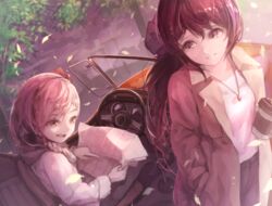  2girls alternate_costume black_hair blue_hair braid car commentary_request cup disposable_coffee_cup disposable_cup french_braid girls&#039;_frontline harufude jericho_(girls&#039;_frontline) jewelry long_hair map motor_vehicle multicolored_hair multiple_girls necklace negev_(girls&#039;_frontline) pink_hair pointing sports_car streaked_hair 