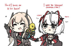  3girls ahoge arknights banana_(girls&#039;_frontline) black_gloves black_jacket cheschorv chibi closed_eyes commentary creator_connection crossover english_commentary english_text girls&#039;_frontline gloves headgear holding_hands jacket light_brown_hair long_hair long_sleeves m4_sopmod_ii_(girls&#039;_frontline) m4_sopmod_ii_(mod3)_(girls&#039;_frontline) m4_sopmod_ii_jr megaphone multicolored_hair multiple_girls non-humanoid_robot open_mouth red_hair robot short_hair simple_background streaked_hair tears w_(arknights) white_background white_hair 