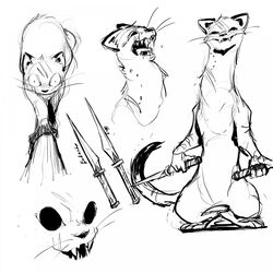  1:1 dagger female hi_res looking_at_viewer mammal melee_weapon meroko_meyoko monochrome mouse_guard mustelid musteline scar scars_all_over semi-anthro smile smiling_at_viewer solo standing stoat true_musteline weapon weasel wide_eyed zada_(fan_character) 