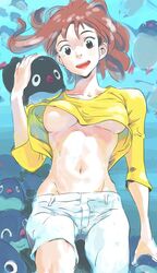  bird breasts brown_eyes brown_hair denim female groin highres jeans long_hair looking_at_viewer navel onee-san_(penguin_highway) open_mouth pants penguin penguin_highway shirt smile stomach stomach_day tombiiwa tongue underboob underwater yellow_shirt 