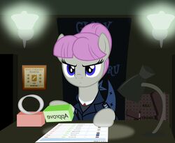  approval award badumsquish bangs blue_eyes clothing colored derpibooru desk digital_media_(artwork) earth_pony english_text equid equine eyelashes female feral friendship_is_magic front_view frown furniture furniture_lamp grey_body hair hasbro hi_res horse lamp looking_forward loss mammal meme my_little_pony papers_please pink_hair ponification pony ponytail poster_(object) queue_(badumsquish) ranged_weapon solo stamp star stern stern_look suit_jacket table text uniform unimpressed vaporeon_copypasta weapon why 