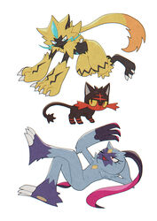  :&lt; batabiru blue_eyes claws closed_mouth commentary_request fangs frown furry highres litten looking_back one_eye_closed open_mouth pokemon pokemon_(creature) simple_background sneasler white_background yellow_fur zeraora 