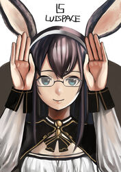  black_bow black_neckwear blue_eyes bow bowtie brown_hair bunny_pose closed_mouth copyright_request female glasses hairband hands_up long_hair looking_at_viewer luicent smile solo upper_body 