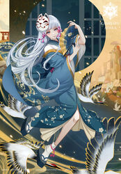  alternate_costume arms_up bird blue_hair blue_kimono blunt_bangs character_name cherry_blossom_print commentary egasumi eyelashes female floral_print folding_fan fox_mask full_body genshin_impact hand_fan heron highres holding holding_fan japanese_clothes kamisato_ayaka kimono light_blue_hair lips long_hair long_sleeves looking_at_viewer mask mihan77108047 obi pink_nails ponytail print_kimono sandals sash sidelocks smile socks solo torii white_socks wide_sleeves 