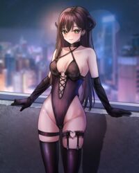  ass_visible_through_thighs backlighting bang_dream! bare_hips bare_shoulders black_gloves black_leotard black_thighhighs blush breasts brown_hair city cleavage closed_mouth collarbone criss-cross_halter demon_horns elbow_gloves female gloves halterneck hanazono_tae heart heart_o-ring highleg highleg_leotard highres horns leotard long_hair looking_at_viewer medium_breasts night outdoors ptal skindentation smile solo standing thighhighs very_long_hair yellow_eyes 