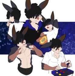  5_fingers alpha_channel anthro black_hair clothed clothing countershade_fur countershade_torso countershading dress_shirt drugs fingers fur gaming hair hi_res lagomorph leporid male mammal marijuana munkeesgomu open_mouth open_smile playing_video_game rabbit shirt smile solo topless topless_anthro topless_male topwear white_clothing white_shirt white_topwear 