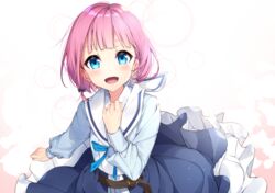  belt black_skirt blue_eyes blue_ribbon blue_shirt blush bon_(bonbon315) bow brown_belt commentary_request female frills from_above hairbow long_skirt long_sleeves looking_at_viewer open_mouth original pink_hair purple_bow ribbon shirt short_hair skirt smile solo 