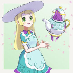  blonde_hair blunt_bangs blush commentary_request dress eyelashes female green_dress green_eyes hat lillie_(pokemon) lillie_(special_costume)_(pokemon) long_hair official_alternate_costume open_mouth own_hands_together petals pokemon pokemon_(creature) pokemon_masters_ex polteageist shiroiurushi smile steepled_fingers tongue white_headwear 