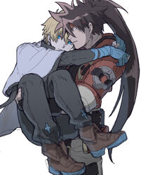  2boys black_pants blonde_hair blue_eyes blue_gloves brown_eyes brown_footwear brown_hair cape carrying cross fingerless_gloves gloves guilty_gear guilty_gear_strive hair_between_eyes highres jacket kometubu0712 ky_kiske long_hair looking_at_another looking_at_viewer male_focus multiple_boys pants partially_fingerless_gloves ponytail princess_carry short_hair sol_badguy white_cape yaoi 