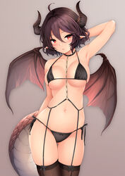  ahoge arm_behind_back arm_behind_head arm_up armpits ass_visible_through_thighs bare_arms bare_shoulders bikini black_bikini black_thighhighs blush breasts chains choker collarbone commentary_request dragon_horns dragon_tail dragon_wings female garter_belt grea_(shingeki_no_bahamut) hair_between_eyes halterneck harino646 highleg highleg_bikini highres horns large_breasts legs_together looking_at_viewer micro_bikini navel o-ring parted_lips pointy_ears purple_hair red_eyes shingeki_no_bahamut short_hair side-tie_bikini_bottom simple_background skindentation solo standing stomach strap_gap string_bikini swimsuit tail thigh_gap thighhighs wings 