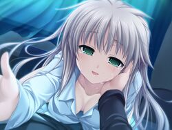  :d alpha_(yukai_na_nakamatachi) arisa_crain_femiluna breasts cleavage collarbone collared_shirt crying crying_with_eyes_open downblouse dress_shirt female floating_hair game_cg green_eyes grey_hair hair_between_eyes hand_on_another&#039;s_cheek hand_on_another&#039;s_face indoors long_hair long_sleeves looking_at_viewer medium_breasts naked_shirt pov pov_hands shirt smile streaming_tears tears very_long_hair w.l.o_sekai_ren&#039;ai_kikou white_shirt wing_collar 