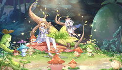  2girls :d aranara_(genshin_impact) bare_shoulders black_gloves blonde_hair boots breasts brown_eyes chahei cleavage day detached_sleeves dress fingerless_gloves flower genshin_impact gloves grey_eyes grey_hair hair_between_eyes hair_flower hair_ornament harp highres holding holding_instrument instrument long_sleeves lumine_(genshin_impact) multiple_girls music outdoors paimon_(genshin_impact) playing_instrument puffy_long_sleeves puffy_sleeves romper single_thighhigh sitting smile symbol-shaped_pupils thigh_boots thighhighs thighhighs_under_boots tree white_dress white_flower white_footwear white_romper white_thighhighs 