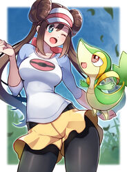  :d aqua_eyes black_pantyhose blush border bow breasts brown_eyes brown_hair commentary_request double_bun eye_contact eyelashes falling_leaves female hair_bun hand_up leaf long_hair looking_at_another one_eye_closed open_mouth outside_border pantyhose pantyhose_under_shorts pink_bow pokemon pokemon_(creature) pokemon_bw2 raglan_sleeves rosa_(pokemon) shiny shirt short_shorts shorts smile snivy tongue twintails visor_cap white_border yasu_suupatenin yellow_shorts 