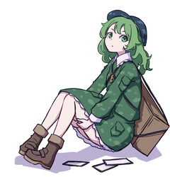  :o ability_card_(touhou) absurdres backpack bag blue_headwear boots brown_footwear camouflage camouflage_headwear camouflage_jacket camouflage_shirt camouflage_skirt card commentary dress female flat_cap flat_chest green_dress green_hair hands_on_thighs hat highres jacket jewelry kame_(kamepan44231) key key_necklace looking_to_the_side medium_hair necklace one-hour_drawing_challenge shirt short_hair simple_background skirt skirt_set touhou white_background yamashiro_takane 