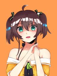  absurdres bad_id bad_pixiv_id breasts brown_hair camisole collarbone disgust female green_eyes hair_between_eyes hair_ornament hair_ribbon highres hololive jacket looking_at_viewer natsuiro_matsuri natsuiro_matsuri_(1st_costume) open_mouth orange_background own_hands_together pinstripe_camisole pinstripe_pattern ribbon self-upload short_twintails simple_background solo striped twintails usagihop virtual_youtuber 