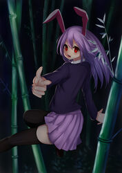  absurdres animal_ears blazer blouse brown_footwear collared_shirt commentary_request female finger_gun flying highres isemori jacket long_hair long_sleeves looking_at_viewer pink_skirt pleated_skirt purple_hair rabbit_ears red_eyes reisen_udongein_inaba shirt shoes skirt solo thighhighs touhou v-shaped_eyebrows white_shirt 