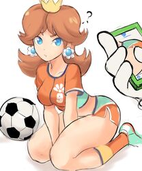  1boy :/ ? alternate_costume ass ball between_legs blue_eyes breasts brown_hair cellphone closed_mouth commentary crop_top cropped_shirt crown earrings english_commentary female gloves hand_between_legs highres holding holding_phone jewelry long_hair luigi mario_(series) mario_strikers medium_breasts midriff official_alternate_costume out_of_frame phone pout princess_daisy rakeemspoon soccer_ball solo_focus strikers_daisy super_mario_strikers taking_picture white_gloves 