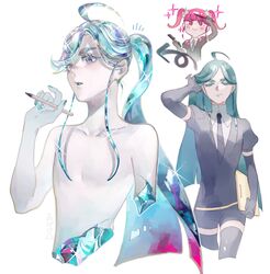  2others adjusting_hair ahoge alexandrite_(gemstone) alexandrite_(houseki_no_kuni) amputee androgynous aqua_hair aqua_nails black_gloves broken clipboard closed_eyes collarbone collared_shirt colored_eyelashes colored_skin comb completely_nude cracked_skin cropped_legs crystal_hair double_amputee elbow_gloves eyelashes gem_uniform_(houseki_no_kuni) ghost_to_human glint gloves gradient_hair hand_in_own_hair high_collar highres holding holding_clipboard holding_pencil houseki_no_kuni legless_amputee long_hair missing_limb multicolored_hair multiple_others multiple_views nail_polish necktie nude other_focus parted_lips pencil pink_hair ponytail puffy_short_sleeves puffy_sleeves red_beryl_(houseki_no_kuni) red_hair severed_torso shirt short_jumpsuit short_shorts short_sleeves shorts sidelocks simple_background smile sparkle thick_eyebrows twintails very_long_hair walking white_background white_shirt white_skin wing_collar 