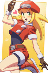  absurdres belt bike_shorts blonde_hair brown_gloves cabbie_hat cropped_jacket female gloves green_eyes hat highres jacket long_hair looking_at_viewer mega_man_(series) mega_man_legends_(series) open_mouth red_hat red_jacket red_shorts rog_rockbe roll_caskett_(mega_man) short_sleeves shorts smile solo 