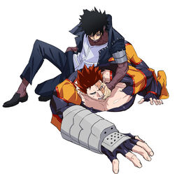  2boys bara black_eyes black_hair blue_bodysuit blue_eyes blue_fire bodysuit boku_no_hero_academia burn_scar dabi_(boku_no_hero_academia) endeavor_(boku_no_hero_academia) facial_hair fingerless_gloves fire foreshortening full_body gloves hand_on_another&#039;s_face highres koooogasya large_pectorals lying lying_on_person male_focus mature_male messy_hair multiple_boys muscular muscular_male on_person on_stomach pectoral_cleavage pectorals piercing scar short_hair sideburns spiked_hair spoilers stubble torn_bodysuit torn_clothes vambraces 