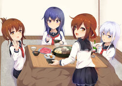  4girls akatsuki_(kancolle) alcohol anchor_symbol black_pantyhose black_sailor_collar black_skirt blue_eyes blush bowl brown_eyes brown_hair chopsticks closed_mouth collarbone hair_between_eyes hibiki_(kancolle) holding holding_bowl holding_chopsticks ikazuchi_(kancolle) inazuma_(kancolle) kantai_collection kotatsu long_hair long_sleeves multiple_girls nabe neckerchief no_headwear ochikata_kage oerba_yun_fang open_mouth pantyhose pleated_skirt purple_eyes purple_hair red_neckerchief rice rice_bowl sailor_collar sake school_uniform serafuku skirt smile table white_hair 