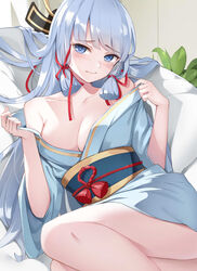  amco bare_shoulders blue_eyes blue_hair blunt_bangs blush breasts cleavage couch female genshin_impact hair_down highres japanese_clothes kamisato_ayaka kimono long_hair long_sleeves looking_at_viewer medium_breasts mole mole_under_eye off_shoulder on_couch wide_sleeves yukata 