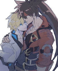  2boys blonde_hair blue_eyes brown_hair guilty_gear guilty_gear_strive highres hug jacket kometubu0712 ky_kiske looking_at_another male_focus multiple_boys ponytail sol_badguy white_jacket yaoi 