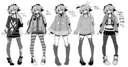  1boy alternate_costume animal_ear_legwear astolfo_(fate) astolfo_(memories_at_trifas)_(fate) belt braid commentary_request crop_top crossdressing facing_viewer fate/apocrypha fate_(series) greyscale hair_between_eyes hair_ornament hair_ribbon haoro highres long_hair looking_at_viewer male_focus miniskirt monochrome multicolored_hair multiple_views navel official_alternate_costume open_mouth otoko_no_ko pantyhose ribbon shirt shorts simple_background single_braid skirt smile streaked_hair striped_clothes striped_shirt striped_thighhighs thighhighs translation_request variations white_background zettai_ryouiki 