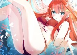  absurdres bare_arms bare_legs bikini blue_eyes blush bubble female floating_hair front-tie_bikini_top front-tie_top go-toubun_no_hanayome hair_between_eyes hair_ornament highres long_hair looking_at_viewer nakano_itsuki red_bikini red_hair red_ribbon rei_(ilust9999) ribbon side-tie_bikini_bottom solo star_(symbol) star_hair_ornament swimsuit thighs underwater very_long_hair 