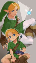  2boys blonde_hair blue_eyes boots brown_footwear dual_persona earrings fairy from_above green_headwear green_shorts grey_background hat holding holding_instrument instrument ivy_(sena0119) jewelry knee_boots link looking_at_viewer male_focus multiple_boys navi ocarina pointy_ears short_hair shorts sitting smile sword sword_on_back the_legend_of_zelda the_legend_of_zelda:_ocarina_of_time twitter_username weapon weapon_on_back white_legwear young_link 