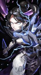  absurdres animification apex_legends black_background black_hair black_scarf blue_eyes broken_glass electricity female frown glass gloves grey_gloves hair_behind_ear hair_bun highres holding holding_knife hope&#039;s_dusk_(apex_legends) knife kunai nemoto_yuuma nose_piercing open_hand parted_bangs piercing scarf single_hair_bun solo voidwalker_wraith weapon wraith_(apex_legends) 