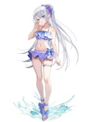  bikini blue_bikini blue_bow blue_eyes bow dairoku_ryouhei female full_body grey_hair hairbow hand_up highres long_hair navel o-ring_strap pointy_ears ponytail sandals silvia_genos splashing standing swimsuit tama_(marble) thigh_strap transparent_background very_long_hair 