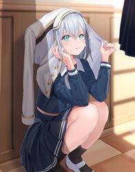  :&lt; bang_dream! black_socks blue_eyes blue_serafuku blue_skirt blush breasts buttons checkered_floor commentary_request crying crying_with_eyes_open elbows_on_knees eyebrows_hidden_by_hair female grey_hair grey_neckerchief hair_between_eyes highres kurata_mashiro loafers long_sleeves medium_hair midriff_peek neckerchief nogi_momoko pleated_skirt sailor_collar school_uniform serafuku shadow shirt_over_head shoes sidelocks skirt socks solo squatting tears tsukinomori_school_uniform wall white_footwear white_sailor_collar white_uniform window_shadow 