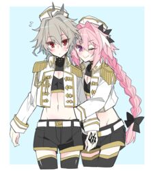  2boys ahoge astolfo_(fate) astolfo_(fate)_(cosplay) astolfo_(type-moon_racing)_(fate) astolfo_(type-moon_racing)_(fate)_(cosplay) belt black_bow blush bow braid collar command_spell commentary_request cosplay couple crop_top crossdressing fate/apocrypha fate/grand_order fate_(series) grey_hair hair_intakes hair_ribbon hairbow haoro hat highres long_braid long_hair long_sleeves looking_at_viewer male_focus midriff multicolored_hair multiple_boys navel oerba_yun_fang official_alternate_costume otoko_no_ko pink_hair purple_eyes red_eyes ribbon shorts sieg_(fate) simple_background single_braid smile streaked_hair sweatdrop thighhighs white_hair yaoi zettai_ryouiki 