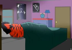  absurd_res anthro bed bed_sheet bedding black_ears clock dipstick_ears door ear_markings felid furniture hair head_on_pillow hi_res inside lying male mammal moronileon multicolored_ears on_bed on_side orange_ears pantherine pillow solo striped_body stripes tiger two_tone_ears valheru 