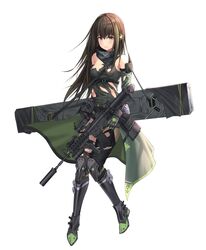  armored_boots assault_rifle bad_id bad_twitter_id bare_shoulders belt_pouch boots breasts brown_eyes brown_hair closed_mouth commentary_request female finger_on_trigger full_body girls&#039;_frontline gloves gun herol highres holding holding_gun holding_weapon inactive_account knee_boots korean_commentary long_hair looking_at_viewer m4_carbine m4a1_(girls&#039;_frontline) m4a1_(mod3)_(girls&#039;_frontline) mask medium_breasts multicolored_hair particle_cannon_case pouch rifle scarf scope simple_background skull_mask solo streaked_hair torn_clothes weapon white_background 