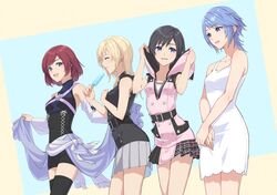  4girls aqua_(kingdom_hearts) aqua_(kingdom_hearts)_(cosplay) belt black_hair blonde_hair blue_eyes blue_hair cosplay costume_switch cross-laced_clothes detached_sleeves dress food gogo_(detteiu_de) hood hoodie kairi_(kingdom_hearts) kairi_(kingdom_hearts)_(cosplay) kingdom_hearts kingdom_hearts_iii looking_at_another multiple_girls namine namine_(cosplay) open_mouth pleated_skirt popsicle red_hair sash short_dress short_hair short_shorts shorts skirt sleeveless sleeveless_dress smile thighhighs white_dress xion_(kingdom_hearts) xion_(kingdom_hearts)_(cosplay) zipper zipper_pull_tab 