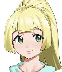  bad_id bad_twitter_id blonde_hair blunt_bangs blush braid closed_mouth collarbone commentary_request eyelashes female green_eyes high_ponytail highres lillie_(pokemon) long_hair makino_harumaki pokemon pokemon_sm portrait sideways_glance simple_background smile solo white_background 