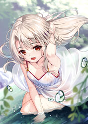  :d arm_support bare_arms blonde_hair blurry brown_eyes collarbone commentary_request day dress eyelashes fate/kaleid_liner_prisma_illya fate_(series) female floating_hair hand_up highres illyasviel_von_einzbern leaf long_hair looking_at_viewer md5_mismatch open_mouth outdoors smile solo teeth tongue upper_teeth_only water water_drop wet wet_clothes wet_dress white_dress yan_(nicknikg) 